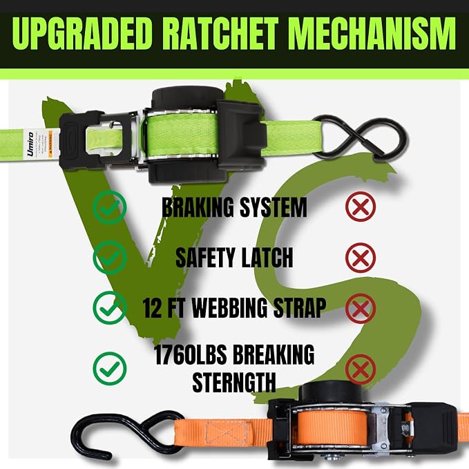 Retractable Ratchet Straps 1 Inch x 12 Feet Heavy Duty Tie Downs,1760lb Break Strength,Self Retracting for Truck,Cargo,Trailer,Motorcycle,ATV,UTV (Fluorescent Green, 4pack)