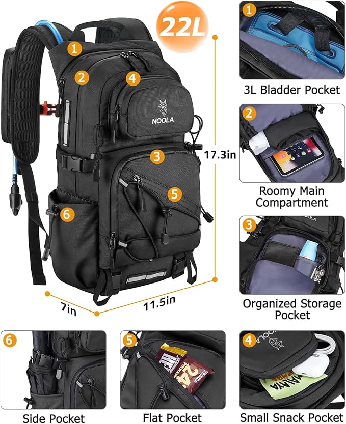 NOOLA Hydration Backpack with 3L Water Bladder - 22L Water Backpack for Hiking, Cycling, Running, Biking - Lightweight Hiking Pack Bag with Rain Cover, Phone Holder and Trekking Pole Holders, Black