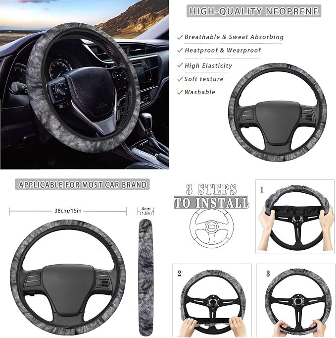Wolf Print Car Seat Covers Full Set High Back Bucket Seat Covers with Steering Wheel Cover Center Console Armrest Pad Seatbelt Pads Car Rear View Mirror Protector Garbage Bag