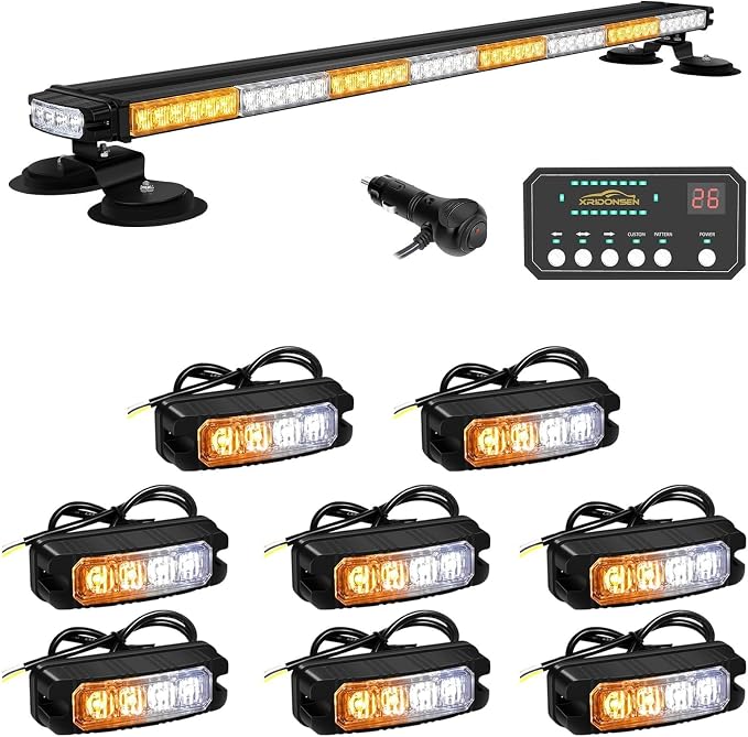 XRIDONSEN 37" 104 LED Roof Top Strobe Light Bar & 8PCS Sync Grill Strobe Lights Surface Mount Safety Lights for Tow Plow Trucks Construction Vehicles, ATV, UTV, JEEP