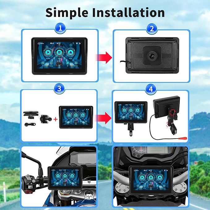 Podofo Upgrade Motorcycle GPS Wireless Apple Carplay/Android Auto Waterproof Car Stereo, 5" IP67 Waterproof IPS Touchscreen with Dual Bluetooth,Navigation/Siri/Goog-le for Motorbike