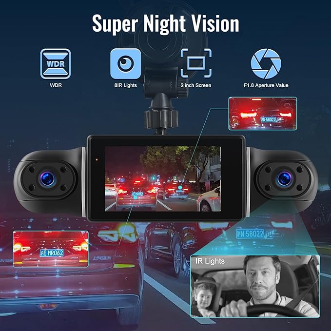 NHOPEEW 4 Channel 360 Dash Cam, 3 inch IPS Screen 1080P Front and Rear Inside, 720P Left Right Dash Camera for Cars with WiFi&App Control, Night Vision, Loop Recording + 64G TF Card