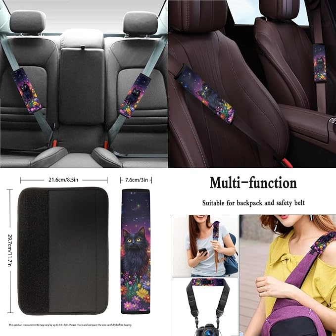 Suobstales Galaxy Cat Daisy Print Car Accessories Car Seat Covers Full Set of 11, Auto Interior Cover Seat Protector with Steering Wheel Cover, Seat Belt Pads, Coaster, Keychains