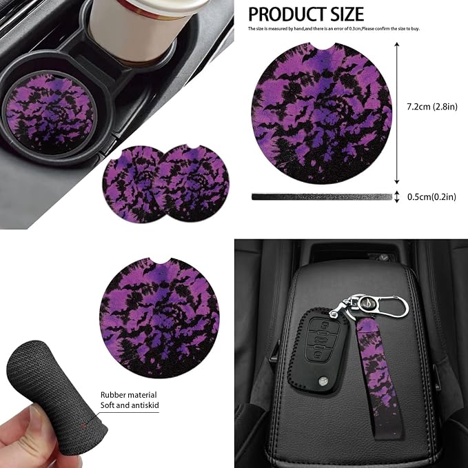 Halloween Bat Car Seat Covers Accessory 14Pcs Tie Dye 15 Inch Steering Wheel Cover,Seatbelt Pad,Bat Coaster,Keychain,Interior Mirror Cover,Gear Shift Knob & Handbreak Cushion for Most Vehicle