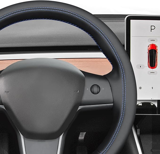 MEWANT Hand Stitch Black Smooth Faux Leather Steering Wheel Cover Wrap for Tesla Model Y 2020-2023 Model 3 2017-2023