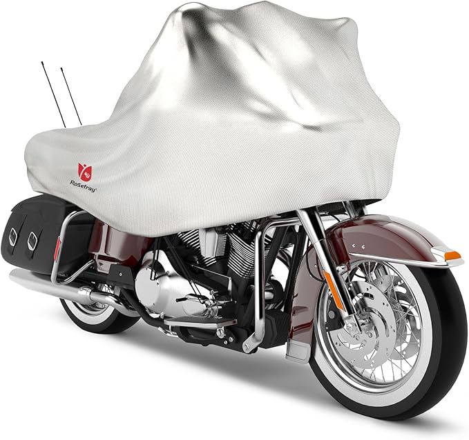 Rosefray 420D Motorcycle Half Cover-Outdoor Waterproof All Weather Protection Lightweight Half Cover,Silver XL Size for Most Touring Models Harley Davidson,Honda Goldwing,Road King Street Glide