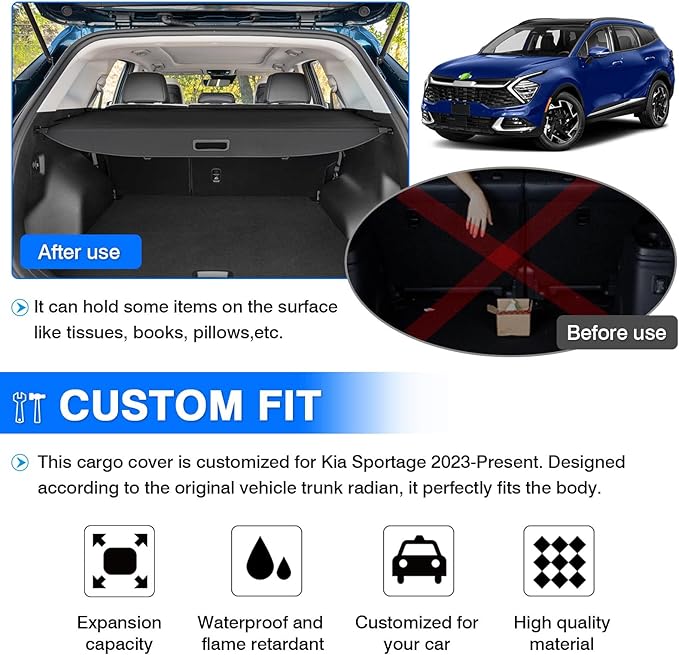 Powerty Retractable Cargo Cover for 2023-2026 Kia Sportage, Canvas Texture Trunk Cover Privacy Screen Rear Security Shade for Sportage Accessories