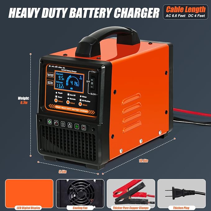 12V 24V Car Battery Charger Heavy Duty, Portable 0-15A Smart Battery Maintainer/Trickle Charger with Repair, Auto Shutoff, Winter/Summer Mode for Car Truck Boat RV Lawn Mower AGM Lead-Acid Deep Cycle