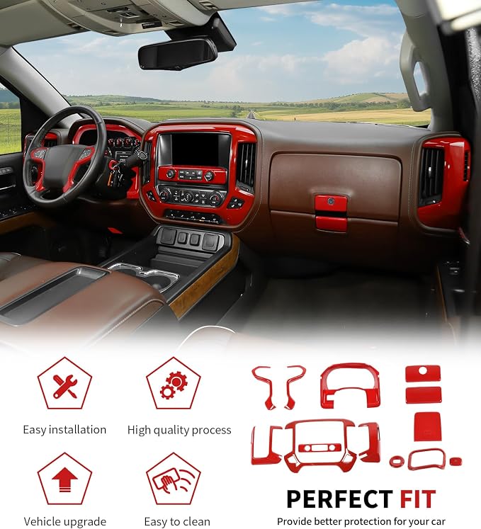 JWWY Interior Trim Kit Compatible with 2014–2017 Chevy Silverado & GMC Sierra, Center Console Dashboard Passenger Side Glove Box & Push Start Button Cover Trim Accessories Red 15pcs