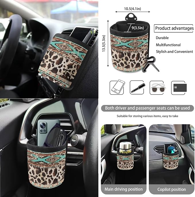 Aztec Tribal Geometric Brown Cow Print 15 PCS Auto Interior Sets Front Rear Seat Covers for Cars Steering Wheel Cover Seatbelt Cushion Air Vent Storage Bag Trash Bin Coasters Keychain