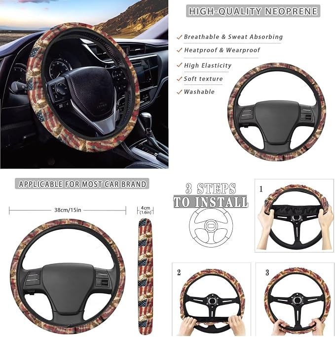 Xoenoiee American Flag Hunting Deer Pattern 11 Pcs Car Accessories Seat Cover Full Set, Steering Wheel Cover, Front & Rear Seat Cover, Seat Belt Pads, Cup Coaster, Key Chains - Universal Fit