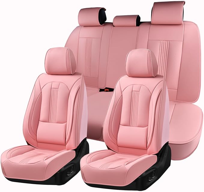 Huidasource Universal Car Seat Cover, Car Seat Cover Set Nappa Leather with Lumbar Support, Side Elastic Fabric, Velcro Adjustable, Airbag, Ventilation, Universal Fit for Most Cars SUV Trucks, Pink