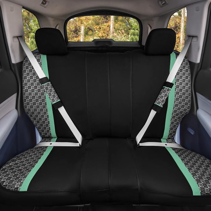 We Are Young Life is Fun™ Checker Car Seat Covers Universal Fit Interior Accessories Full Set Mint Seat Cover Combo Steering Wheel Cover and Seat Belt Pads, Airbag and Split Rear Car Seat Covers