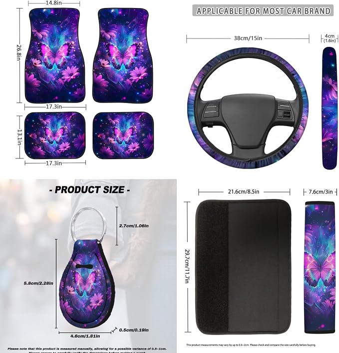 Purple Butterfly Car Accessories Set of 18, Car Seat Cover Full Set with Auto Steering Wheel Cover Floor Mats Armrest Pad Covers Seat Belt Pads Roof Handle Wraps Cup Coaster Keychain
