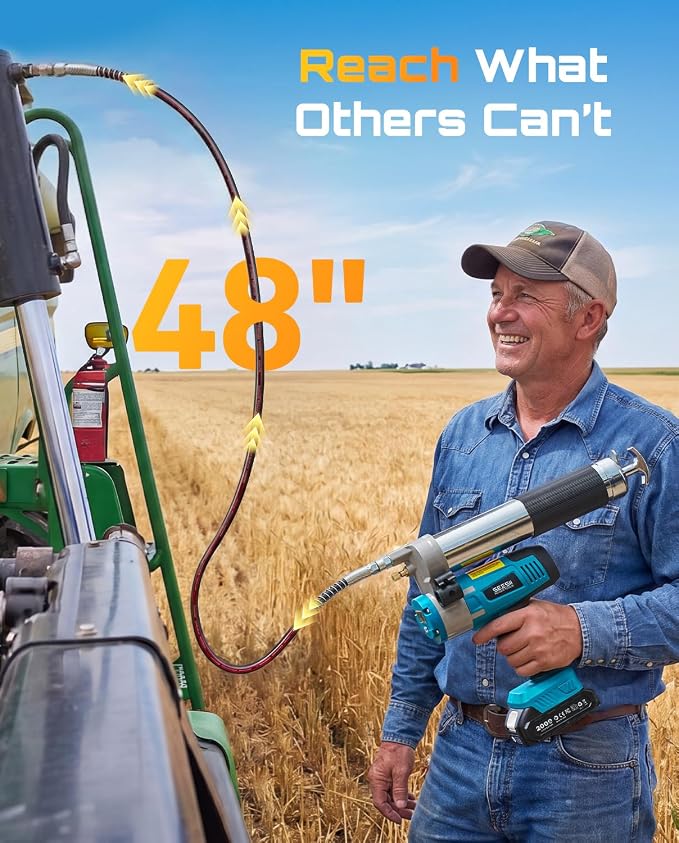 Seesii Electric Grease Gun, 5.8 oz/min Fast Flow Cordless Grease Gun with Auto Lock-On Trigger, 48" Hose, Standard & Quick Release Couplers, Needle Dispenser, Pointed Tip for Tractor & Heavy Equipment | Battery Powered, Auto Faster Greasing, Multi-Coup...