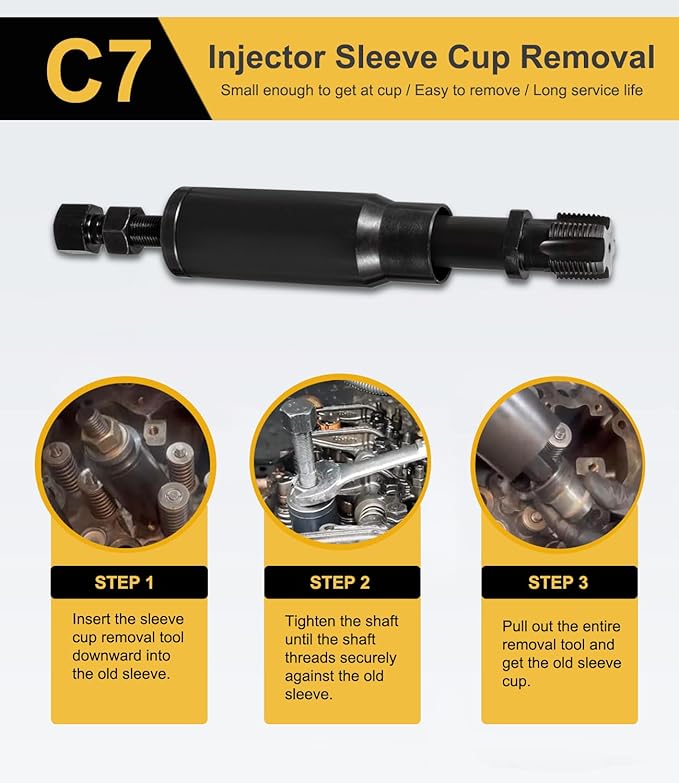 Yoursme for C7 Injector Sleeve Cup Removal Installation Tool with Parts Kit Fit for Caterpillar Cat 3126B C7 C9 with Style HUEI injectors