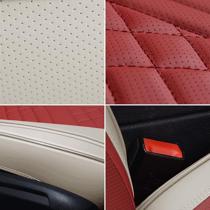 GXT Deluxe Faux Leather Full Coverage Car Seat Cover Anti-Slip Universal Fits for Sedans SUV Pick-up Truck with Headrests,Interior Accessories(White and Red)