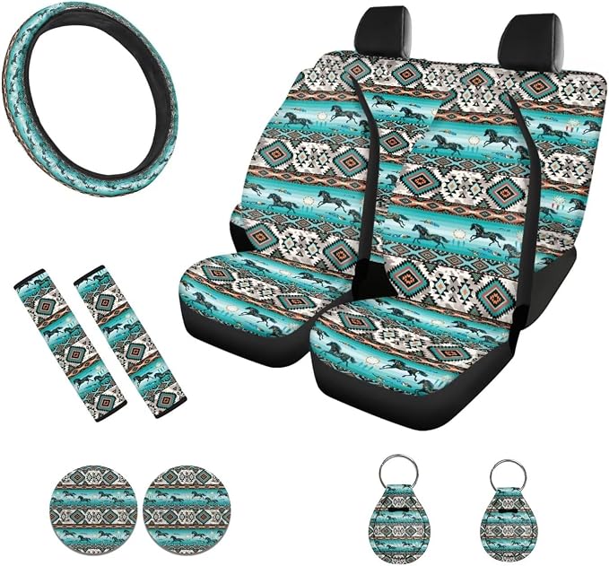 POLERO Western Aztec Horse Car Seat Covers Full Set 11 Pcs, Steering Wheel Cover Seatbelt Covers Coasters Keychain, Vintage Interior Accessories Universal Fit for Women Men