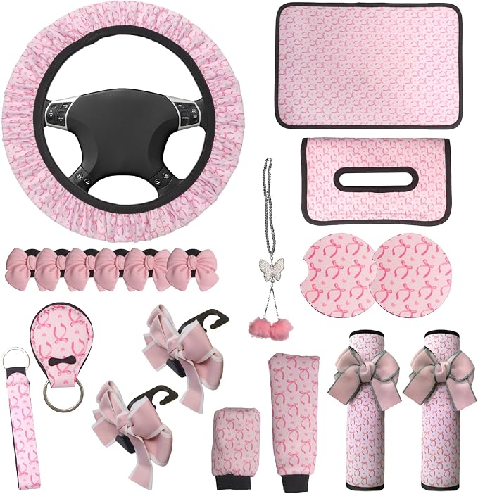 20 PCS Butterfly Car Accessories,Including Steering Wheel Cover,Rearview Mirror Decoration,Etc,Suitable for Sedans,SUVS and Other Models,Cute Car Interior Sets Suitable for Women (Pink)