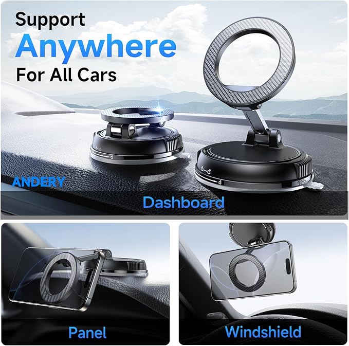 ANDERY Car Phone Holder for Magsafe [78+LBS Strongest Suction & 2400gf Magnetic] 360° Adjustable Car Phone Mount, Phone Holders for Your Car for iPhone 17 Pro Max 16 15 14 13 12 Plus Air, Carbon Fiber