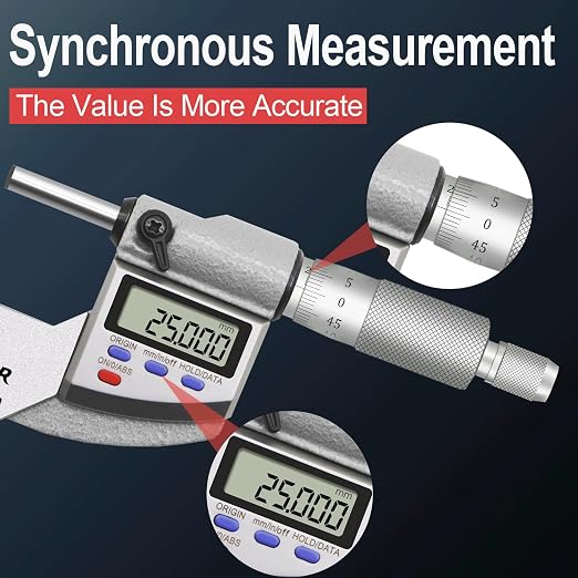 Digital Micrometer, Inch/Metric, Ratchet Stop, 1-2" (25-50mm) Range, 0.00005" (0.001mm) Resolution,Large Screen Digital Micrometer, Meets IP65 Specifications with Standard Ratchet Stop
