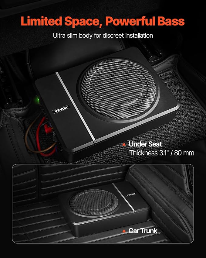 VEVOR 8" 240W Underseat Car Subwoofer, Slim Powered Car Subwoofers Under The Seat, Low Profile Audio Sub Built-in Amplifier, High/Low Level Input & Volume Controller for SUVs, Car, Truck, RV