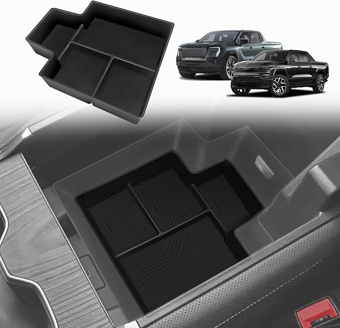 BestEvMod Center Console Organizer Tray Compatible with Chevrolet Silverado EV 2026 2025 2024 Pickup Armrest Storage Box ABS Material with PVC Trim NOT Fit ICE (Bottom)