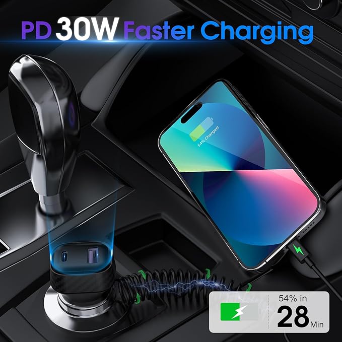 Car Charger 60W Super Fast Charging, QC3.0 USB C Car Phone Charger with 3.2ft PD 30W Type C Cable, 3 in 1 Car Adapter for iPhone 16/15/14/13Pro Max Plus Samsung Galaxy Google Pixel/Android Black