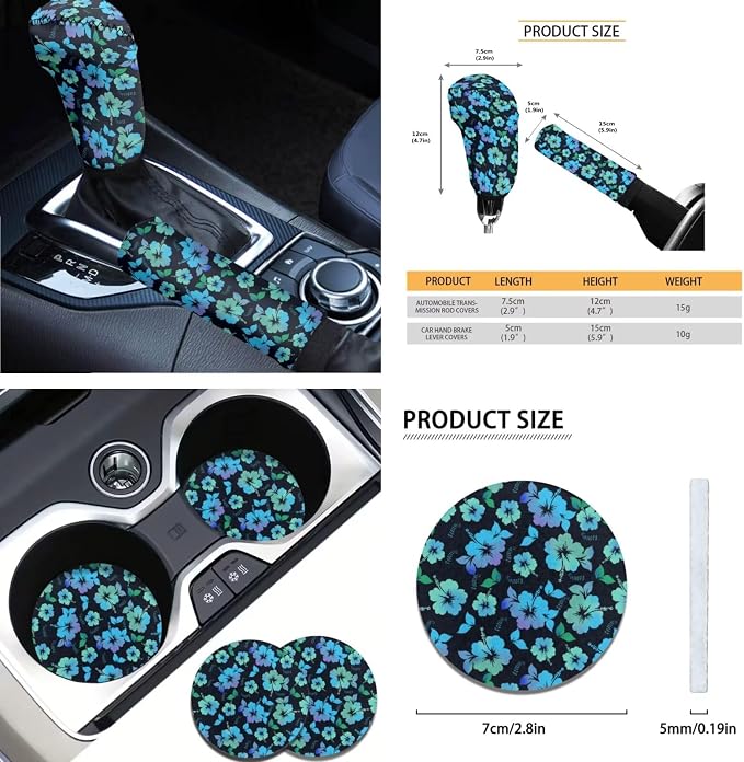 AFPANQZ Blue Tropical Flower Car Seat Covers Full Set for Women with Steering Wheel Cover + Seat Belt Strap Pads + Gear Shift Knob Handbrake Cushion Cupholder Coasters Luxury Auto Decor