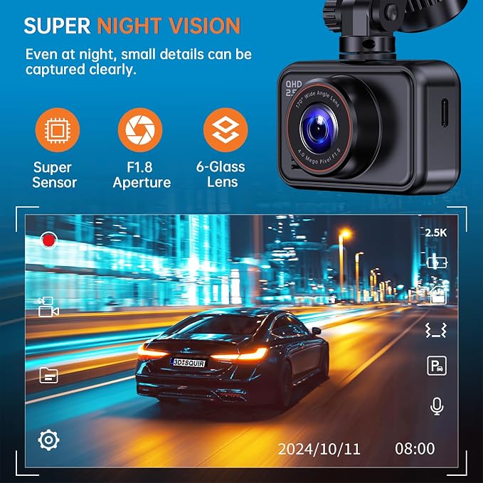 E-YEEGER Dash Cam Front and Rear, 2.5K Dual Dash Camera for Cars, 2560P Mini Car Camera, 2 inch IPS Screen, WDR Night Vision, 24 Hours Parking Monitor, G-Sensor (32G SD Card Included)