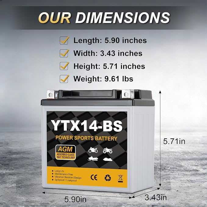 YTX14-BS Motorcycle Battery 12V 12Ah, 220 CCA Sealed AGM Rechargeable Maintenance Free Battery, Replacement for ATV, UTV, Scooter, ETX14, GTX14-BS
