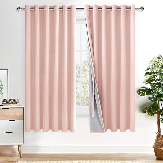XWZO 100% Blackout Curtains 63 Inches Length with Tiebacks- Heat and Full Light Blocking Window Treatment with Black Liner for Bedroom/Nursery, Grommet Top, Blush Pink, W70 x L63, Set of 2
