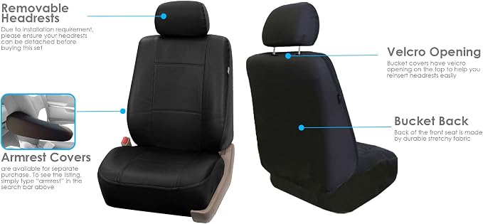 FH Group PU001114 + F11306 PU Leather Seat Covers (Black) Full Set – Universal Fit for Cars Trucks & SUVs