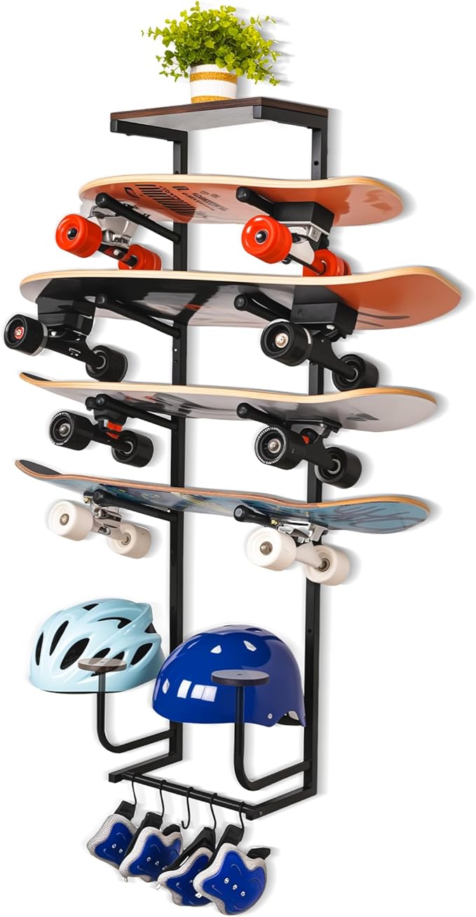 Skateboard Wall Mount Rack — Horizontal Multi-Board Display Shelf & Hanger, Longboard Deck Cruiser Holder, Wooden Helmet Stands & Accessories Hooks, Home Garage Wall Storage Organizer (Black)