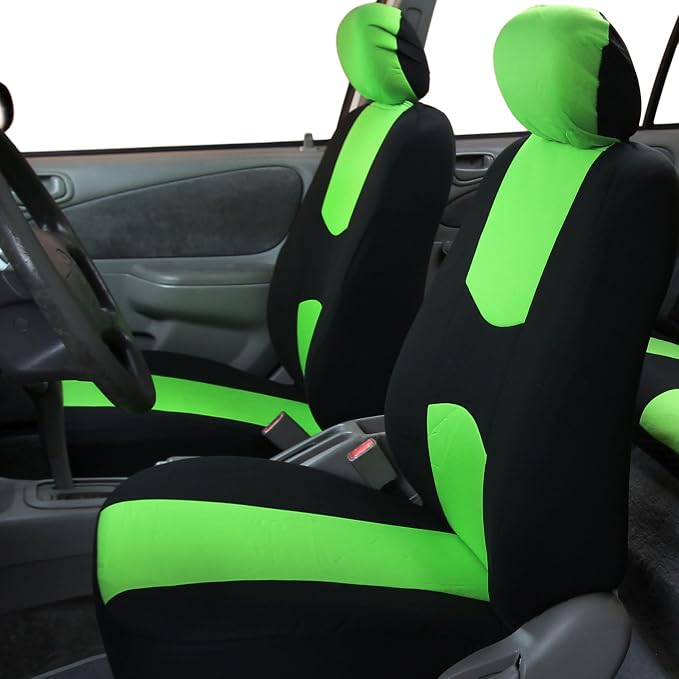 FH Group Car Seat Covers Flat Cloth Front Seats Only Green Automotive Seat Cover, Airbag Compatible Universal Fit Interior Accessories Cars Trucks SUV Combo Steering Wheel Cover & Seat Belt Pads