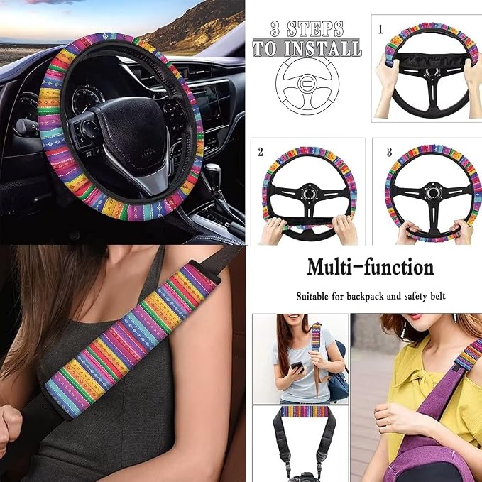 Universal Baja Saddle Blanket Colorful Stripe 12 Pcs Auto Accessories Car Seat Covers Full Set,Steering Wheel Covers,Seat Belt Pads,Key Chain,Lipstick Holder and Coaster for Vans Car