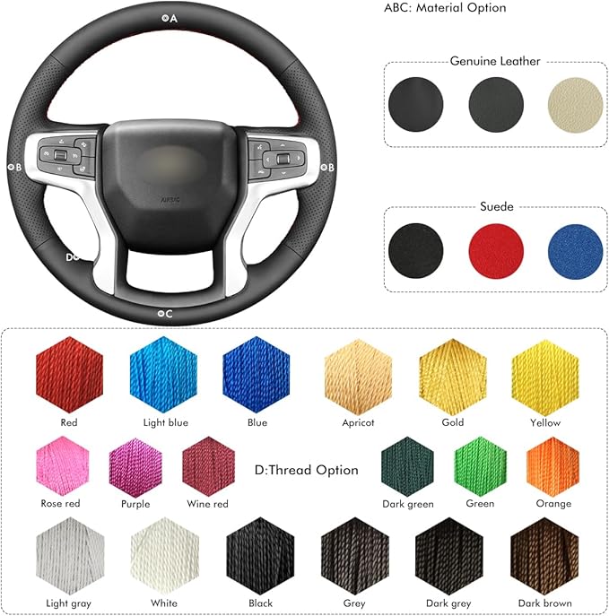 MEWANT DIY Black Genuine Leather Steering Wheel Cover for Chevy Silverado 1500/2500/3500 Suburban Tahoe Blazer