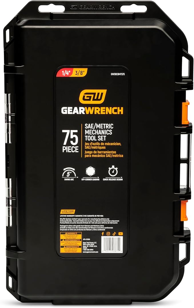 GEARWRENCH 75 Piece 1/4” & 3/8” Drive 72-Tooth 6 Point SAE/MM Mechanics Hand Tool Set | GW38CBMTS75
