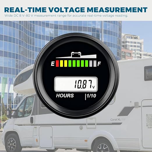 Runleader RL-BI069A DC 8V-80V Battery Indicator & Voltage Meter, Hour Meter | LED & LCD Display for Trojan AGM LiFePO4 Lead Acid GEL Lithium Batteries, Fits Golf Cart Forklift Trailer Farm Vehicle
