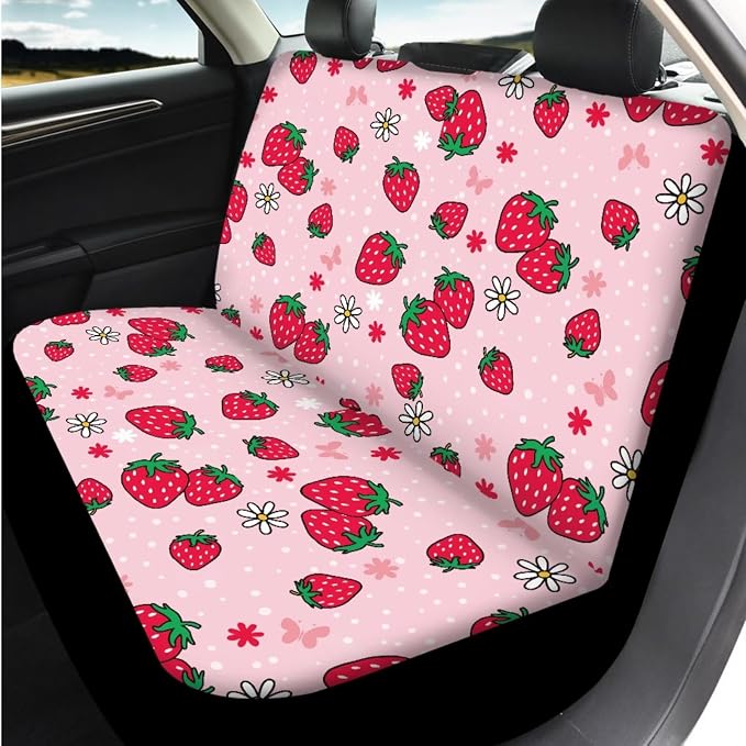 Bulopur Strawberry Pink Car Seat Covers Full Set with Matching Steering Wheel Cover American Flag Car Interior Decor Set for Truck Van Sedan Car Armrest Cover Seat Belt Covers Coasters