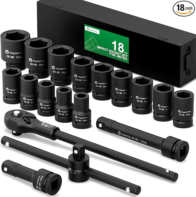 1 Inch Drive Impact Socket Set for Truck, Excavator & Construction Equipment Repair, 21-55mm Metric Heavy Duty CR-MO Socket Set, 18 Pcs with 24" Ratchet Wrench, Sliding T-Bar & Extension Bars