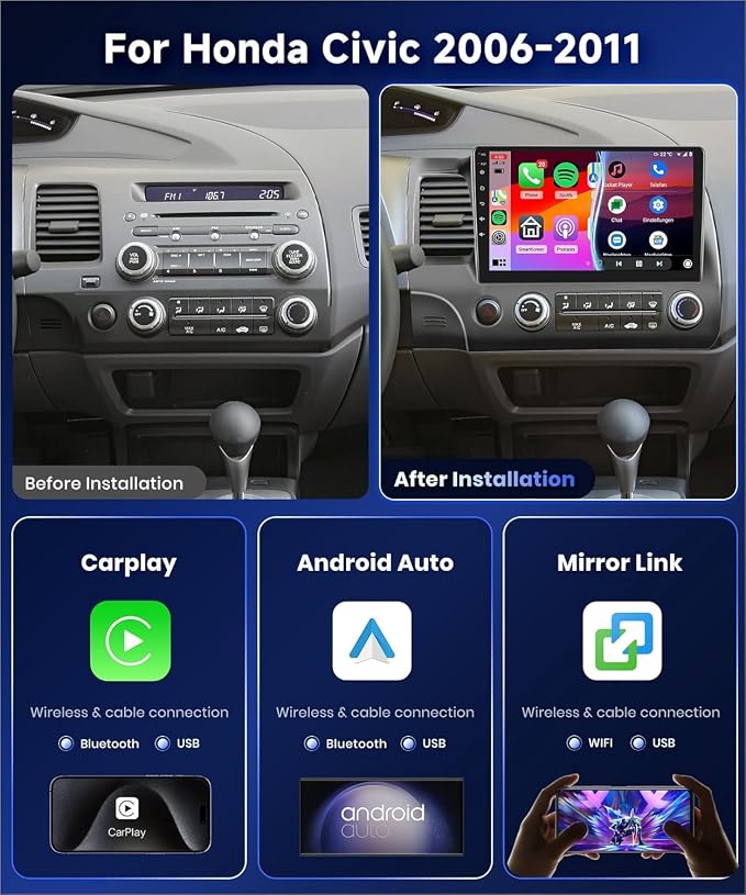 Podofo 4G+64G for Honda Civic 2006-2011 Car Stereo Radio 10.1 inch Android 15 Wireless Carplay Android Auto Touch Screen Bluetooth5.0 GPS Navigation WiFi 32-EQ FM/RDS Backup Camera