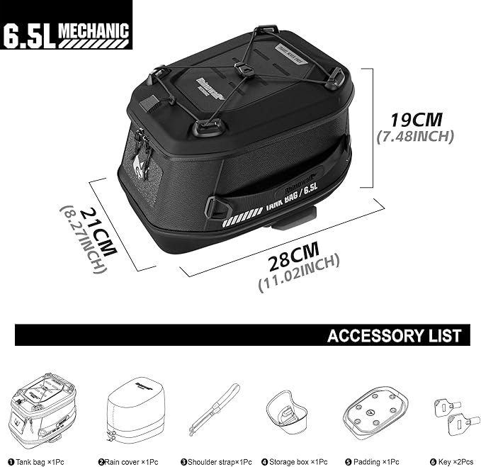 Motorcycle Tank Bag Magnetic Quick Release 5–6.5L Expandable Motorbike Fuel Tank Bag with Lock, Waterproof Storage Backpack with Rain Cover (Black)