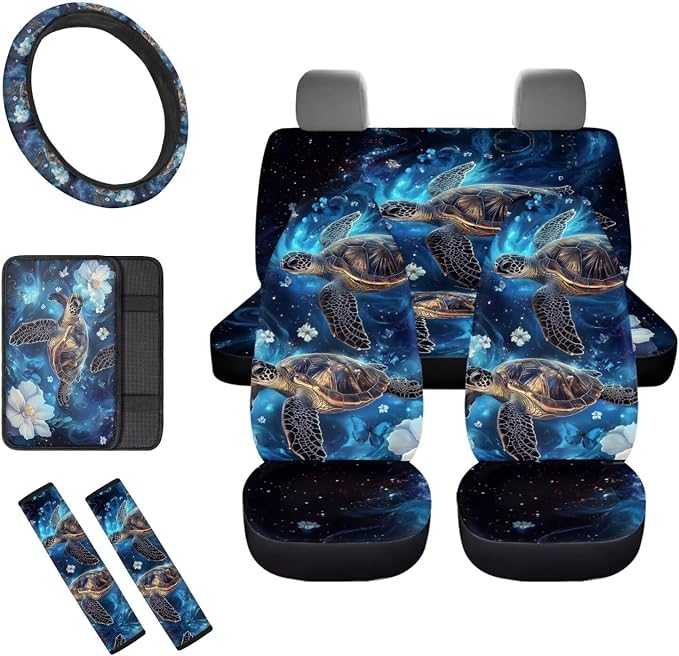 8 Pcs Galaxy Turtle Car Seat Covers Set for Women Universal Full Set with Steering Wheel Cover Armrest Pad Seatbelt Covers for Auto SUV Interior Decoration