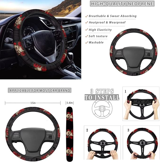 10 Pcs Skull with Red Rose Car Accessories Set, Seat Covers Steering Wheel Cover Center Car Console Pad Armrest Cover Seatbelt Pads Car Coaster Key Chains Wrist Strap for Car Decoration