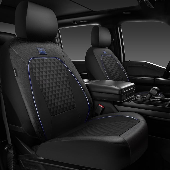 Outlet Leather Car Seat Covers Gel Wetsuit PU Front Seat Cover Waterproof EVA 2pcs All Weather Neoprene Universal Fit Pickup SUV Truck Sedan Automotive, Armrest Airbag Compatible, Rhombic Blue Strip