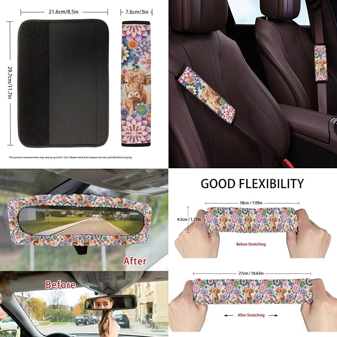 Suobstales Boho Mandala Highland Cattle Print Car Seat Covers Set of 13 with Universal Steering Wheel Cover, Rearview Mirror Cover, Car Trash Can, Seatbelt Pads, Cup Holder Coasters, Keychains