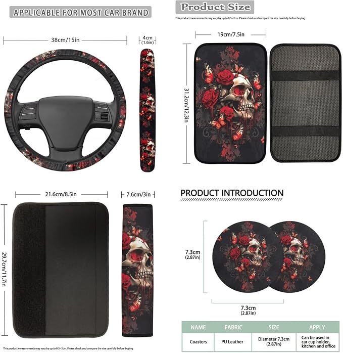 Bulopur Floral Skull Red Rose Car Seat Covers Full Set with Vehicle Armrest Cushion Easy Install Auto Seat Belt Shoulder Strap Covers 15 Inch Steering Wheel Cover Coasters Car Interior Accessories