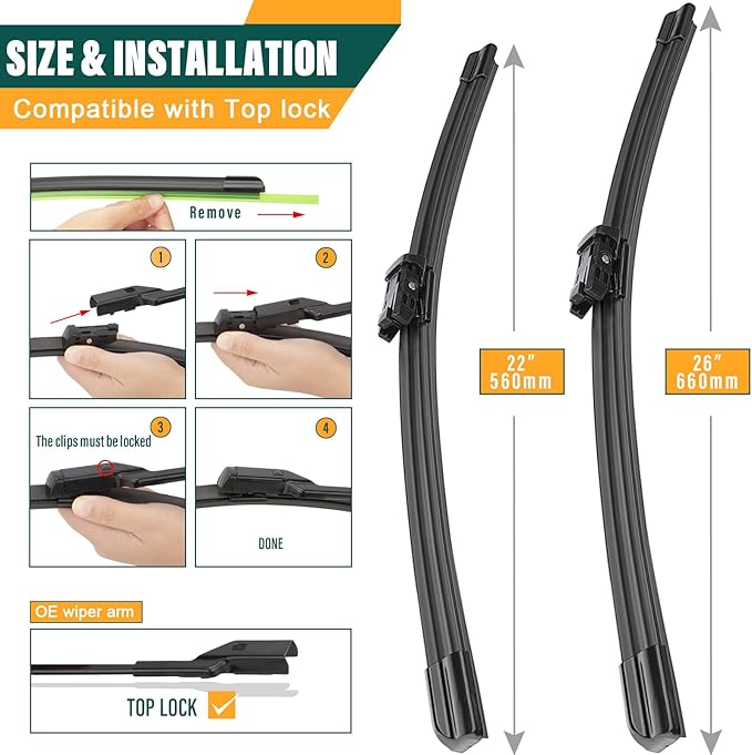 Windshield Wiper Blades Replacement for VW Volkswagen Atlas 2018 2019 2020 2021 2022 Original Factory Quality Front Rear Wiper Blade Set - 26" 22" 12" (Set of 3)