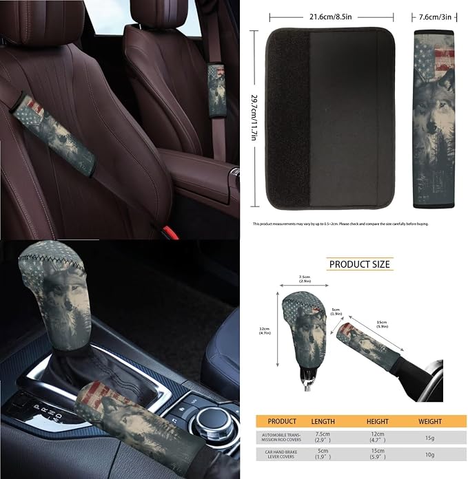 Wolf Forest Print Car Seat Covers Full Set American Flag Print Front and Rear Car Seat Covers with Steering Wheel Cover Center Console Pad Safety Belt Pads Rearview Mirror Cover
